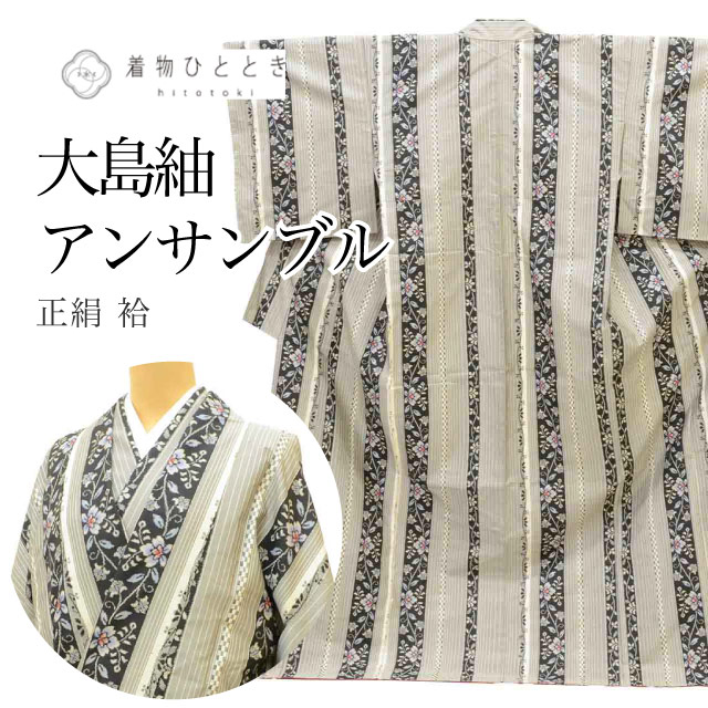 ＼P5倍+最大5500円OFFクーポン／ 【中古】 リサイクル着物 道中着 アンサンブル 女性 大島紬 正絹 裄66cm 身丈166.5cm LL グレー色系 縞 花唐草文様 レディース uu2197b 15,840円