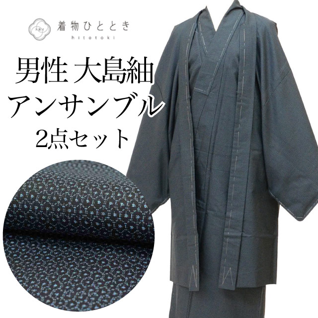 \最大15%OFFクーポン+P5倍/【中古】 リサイクル着物 羽織 アンサンブル 男性 大島紬 正絹 美品 未使用品 裄69cm 身丈153.5cm LL 紺色系 亀甲絣文様 メンズ uu2418b|リサイクル着物 着物ひととき 中古