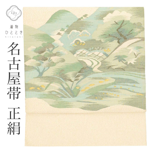 ＼最大15%OFFクーポン+P5倍／【中古】 リサイクル名古屋帯 正絹 綴れ織 八寸帯 金糸 ベージュ 風景 良品 セミフォーマル お太鼓柄 帯芯無し SILK 着物 リユース uu2423b｜リサイクル着物 着物ひととき 中古