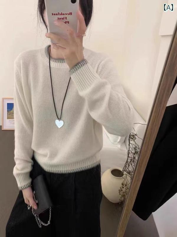 七 針の 厚い 快適な モチ モチの カシミヤの プルオーバーの 丸首の 女性は 色の メリヤスに ぶつかって 底の 短い 長袖の セーターを 打ちます。
