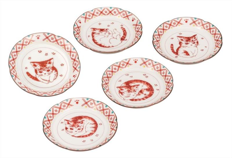 ナカマル『九谷焼』3.2号皿揃･赤絵こねこ K9-87