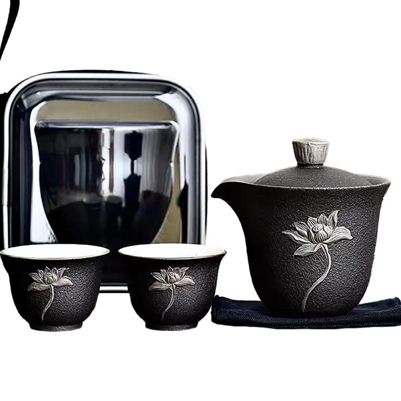 LOVE MIYABI トラベル用茶器セット 2人用 超コンパクト収納 薪窯で焼いた手作りの風合い 柴焼 アウトドアで美味しいお茶を簡単に 旅行/お出かけ用 中国茶/日本茶/紅茶 ピクニック キャンプ 登