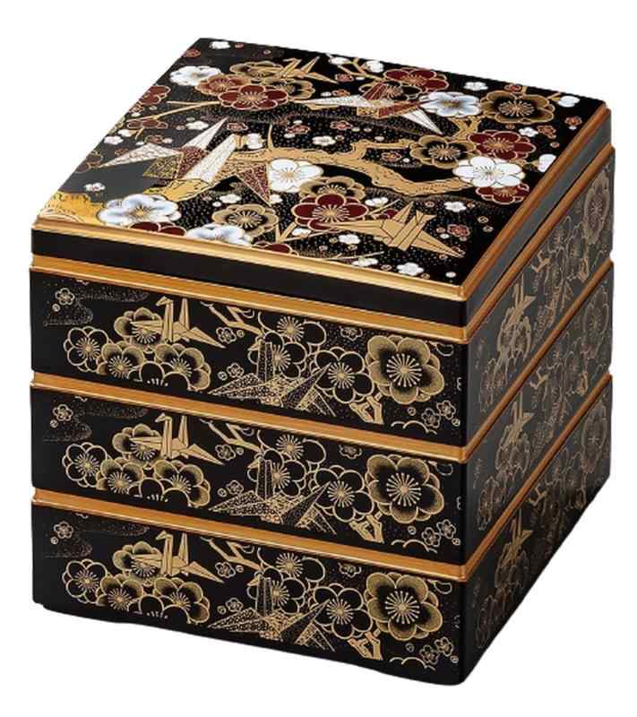 J-kitchens 重箱 3段 7.0寸 彩校倉 お重箱 黒 折鶴 20.8cm x 20.8cm x 19.5cm 日本製