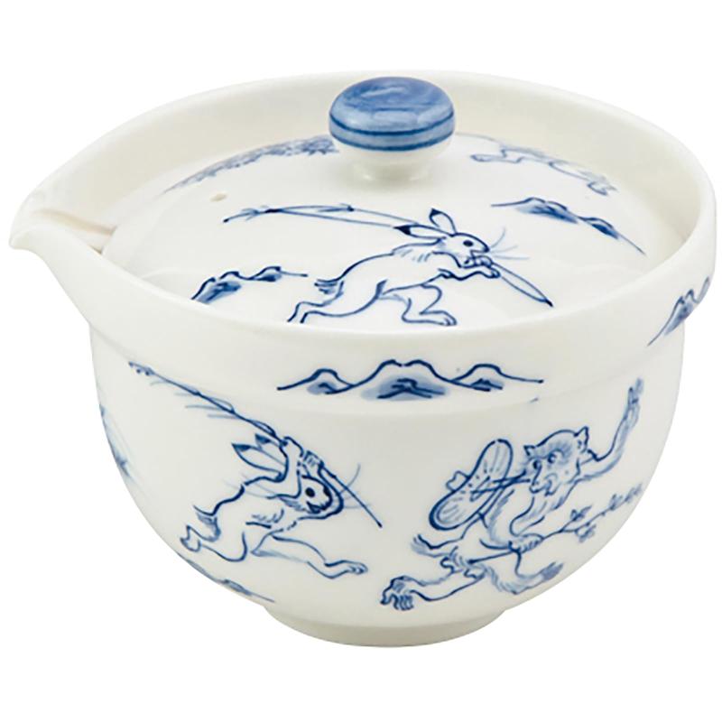 京焼 清水焼 宝瓶 茶器 急須 約180ml 煎茶碗 毛の荒物ポンチ絵 青 日本製