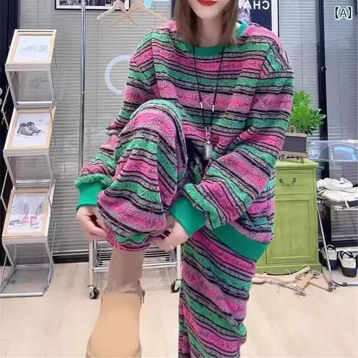 超大 サイズ 2 - 300 斤 太った m 秋冬の 新しい 縞 色の 輪 綿 長袖の ガードルの 足の ストレート パンツの 2 セット