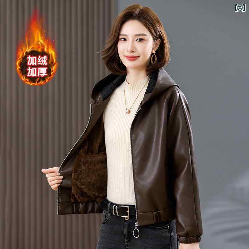 中年の お母さんと ベルベットの 保温 皮の 服の 女性の 秋冬の 小さい 背の ファッションの 短い タイプの ゆったり して いる 帽子の 皮の ジャケットの コート
