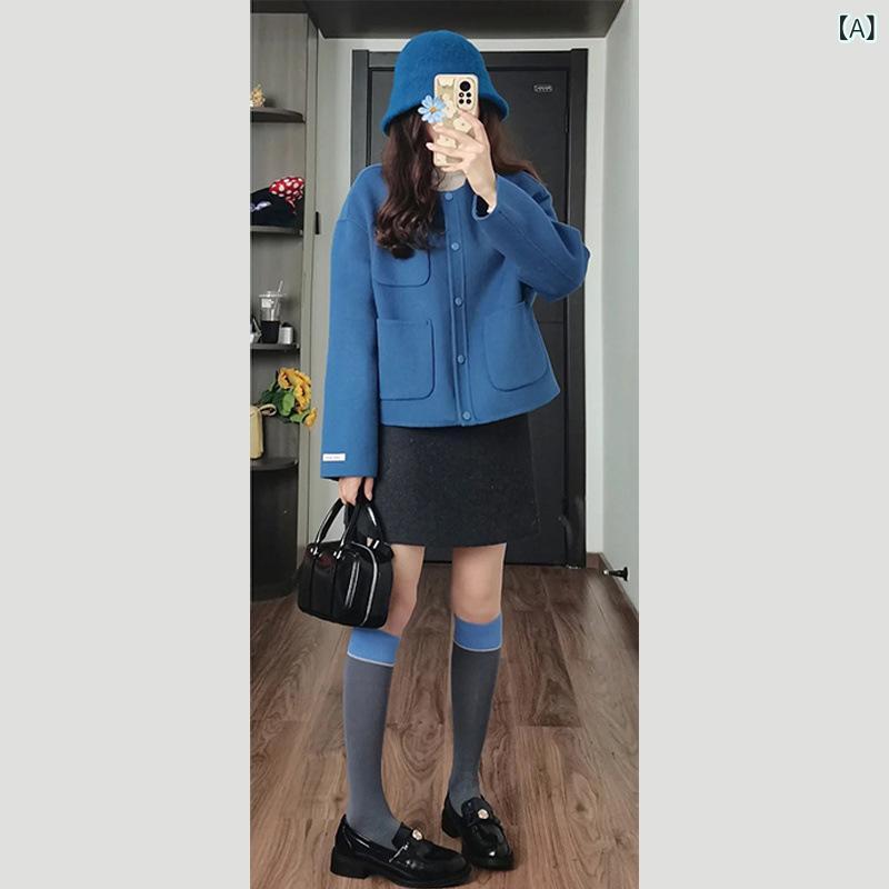 高級 感 韓 系 クラ イン 青の 短い 毛は コートの 女性 秋冬 服の 新型の 小さい 子供の カジュアルな ファッションの コートです。