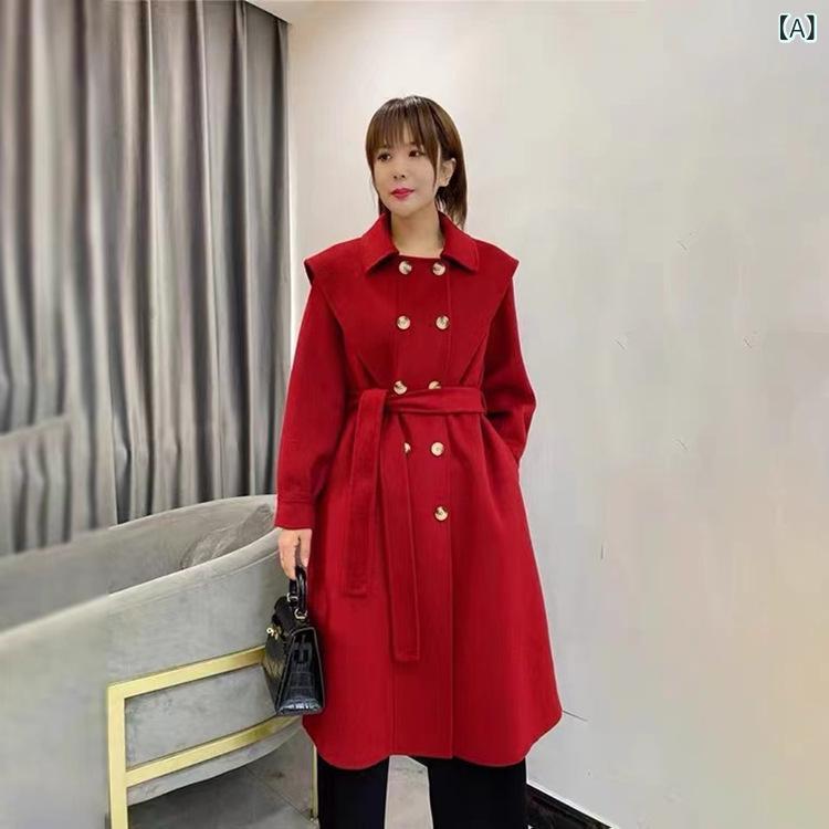 新年の 赤い 両面の ウールの コートの 女性の 韓国 版は 腰の 秋冬の 100 %の ウールの 両面の ラシャの コートを 収めて 新年の 服を 祝います。|HITOTSUNAGI