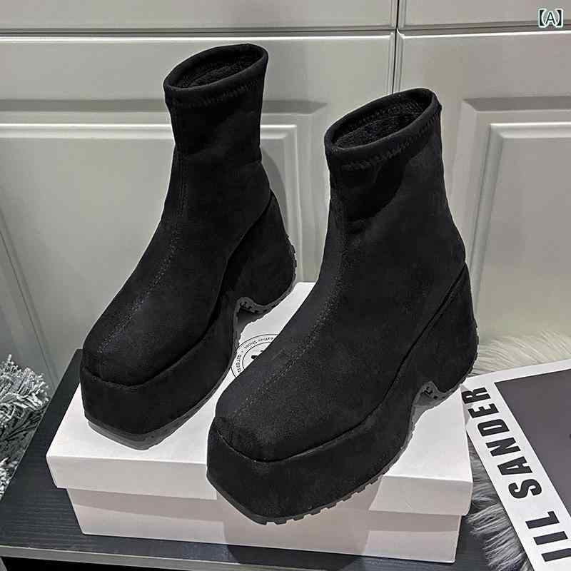 2024 秋冬 ショート ブーツ 女性 10 cm 背が 高く なった 中 筒 ブーツ 復古 角 頭 弾力 痩せ ブーツ 軽やかな 厚い 底 ファッション ブーツ