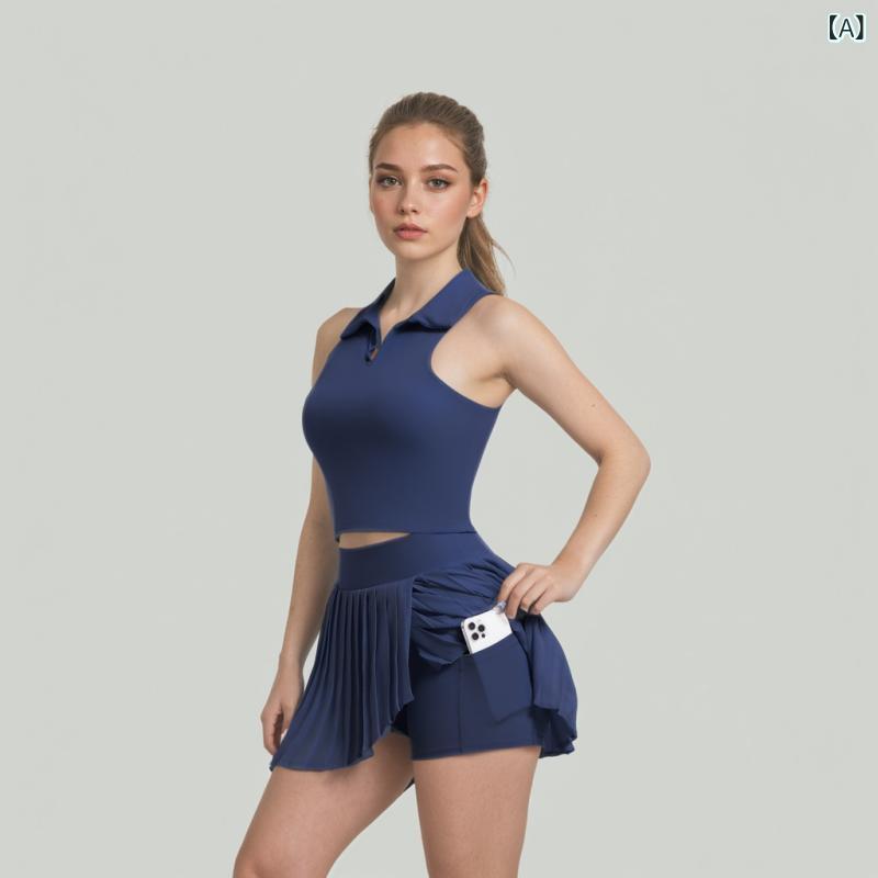 新型 百 タックテニスショートスカートセット 裸 感 アウトドアカジュアルランニングトレーニング 服 速 乾 防 走 光 ヨガ 服