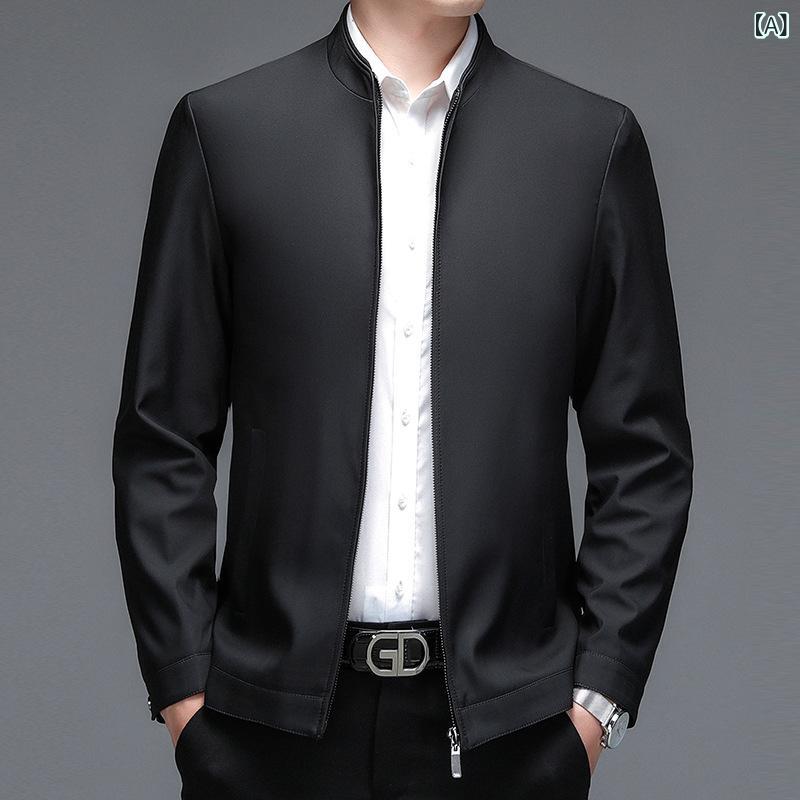 2025 春秋 中 青年 シルク 上着 ブランド 立 襟 ?糸 ジャケット 男性 ビジネス カジュアル 無熱 上着 ブーム