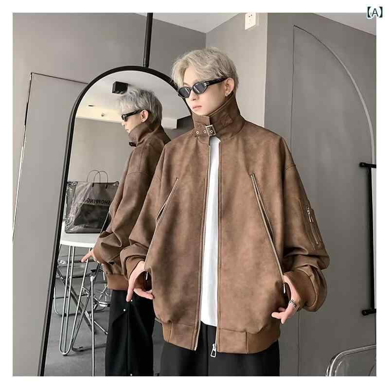 アメリカの レ トロな 黒い 皮の 服の コートの 男性の 秋の 2025 新型の 香港 風の 小さい 背の pu 皮の ジャケットの 機関 車の 上着