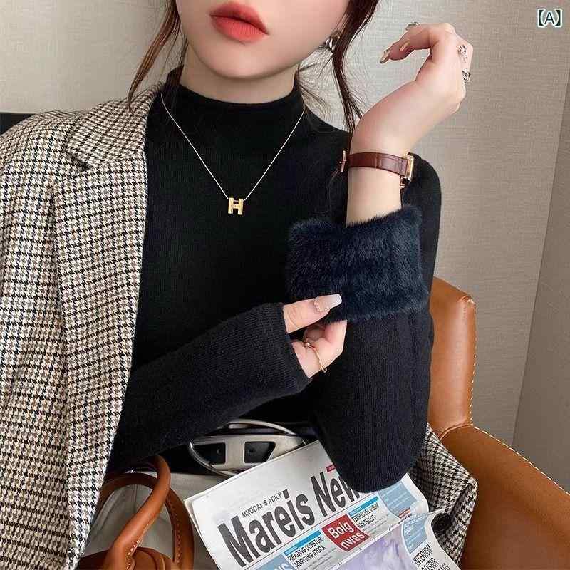 阿 詩 蜜 秋冬 半 高 襟 一体 ミンク パイルと ベルベットの 厚い セーターの 女性は 保温 純 色の シャツの 女性に 合わせて いる