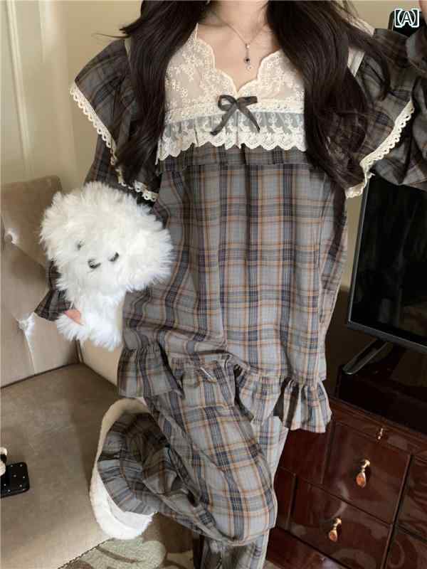 2024 韓国 系 春の 新型 甘 レースの 格子 カップル パジャマ 宮廷 風 家庭 服 セット 男女