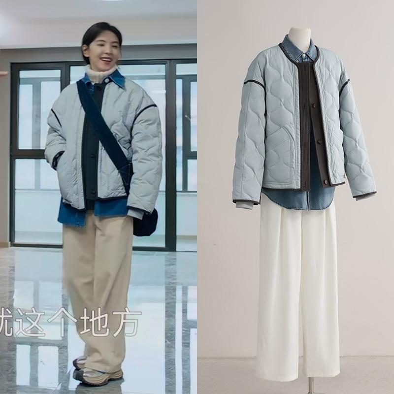 【 期間 限定 在庫 あり】 冬の 新作 ファッション、 年齢を 軽減 する コントラスト カラーの ステッチ 入り キルティング 高級 軽量 ダウン ジャケット（ 女性 用）