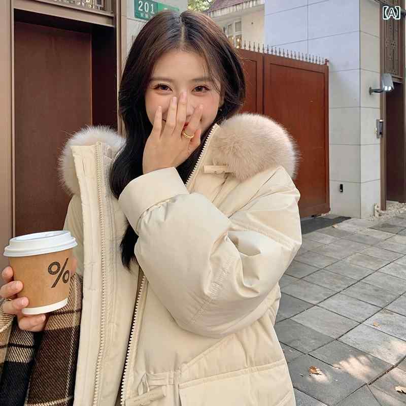 ダウン ジャケット 女性の ミッドレングス 韓国 スタイル ルーズ 肥厚 ホワイトダックダウン小さな大きな 毛皮の 襟 デザイン 冬の ダウン ジャケット