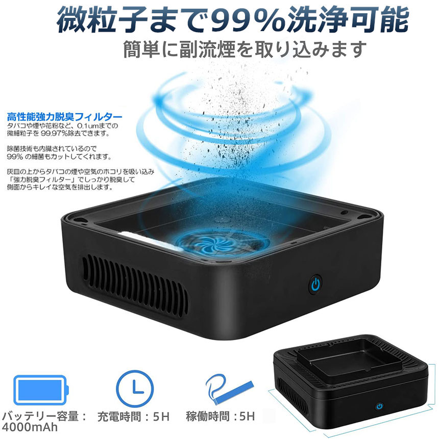 灰皿脱臭機空気清浄機タバコ灰皿充電式空気清浄スモークレス灰皿パーソナル卓上イオン発生器高性能活性炭フィルター搭載2階段風量切替USBケーブル付きタバコの煙を吸い取り日本語説明書付きオフィス部屋玄関先ホームトイレ自宅車にも適用