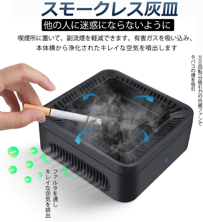 灰皿脱臭機空気清浄機タバコ灰皿充電式空気清浄スモークレス灰皿パーソナル卓上イオン発生器高性能活性炭フィルター搭載2階段風量切替USBケーブル付きタバコの煙を吸い取り日本語説明書付きオフィス部屋玄関先ホームトイレ自宅車にも適用