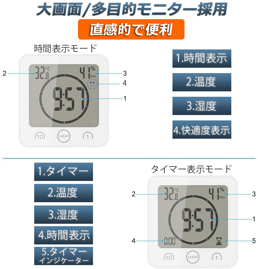 一番の 時計 温湿度計 デジタル 防水 タイマー 半身浴 クロック お風呂時計 温度計 湿度計 熱中症 壁掛け 卓上置き マグネット 吸盤 浴室 お風呂  家庭 バス 洗面所 キッチン 中庭 ルーム シャワー用 qdtek.vn