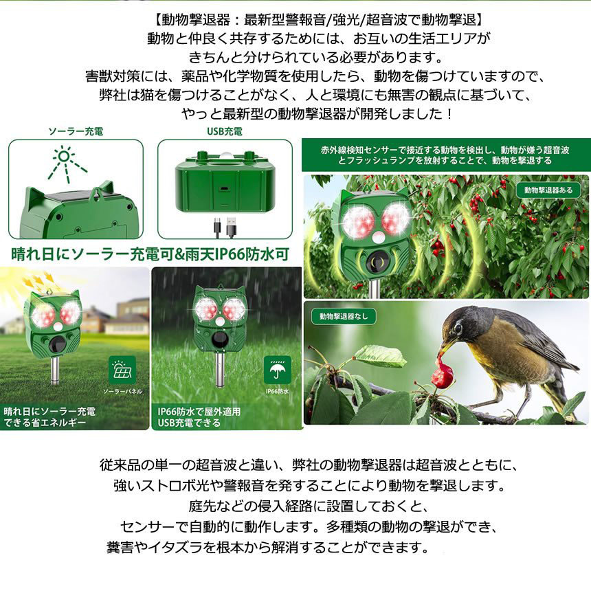 動物撃退器 超音波 警報音 Led強力ライト 猫よけ 鳥よけ 78 Off