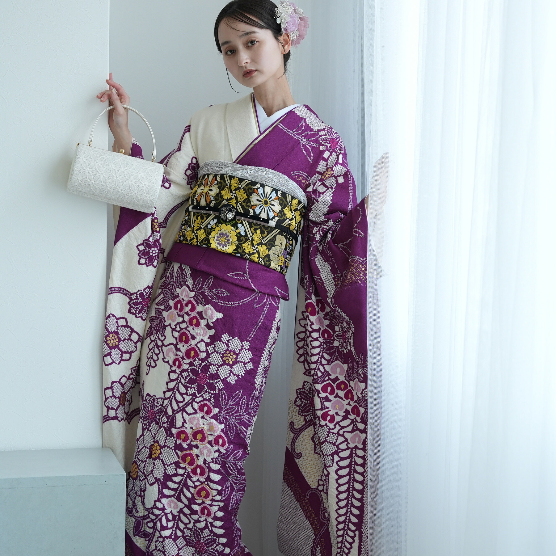 【レンタル】振袖 成人式 女性 振袖セット 着物 結婚式 振袖＆袋帯 フルセット 安い レトロ 大正浪漫 【振袖20点セット 正絹 アンティーク 絵羽 白 紫】｜ひよこ商店