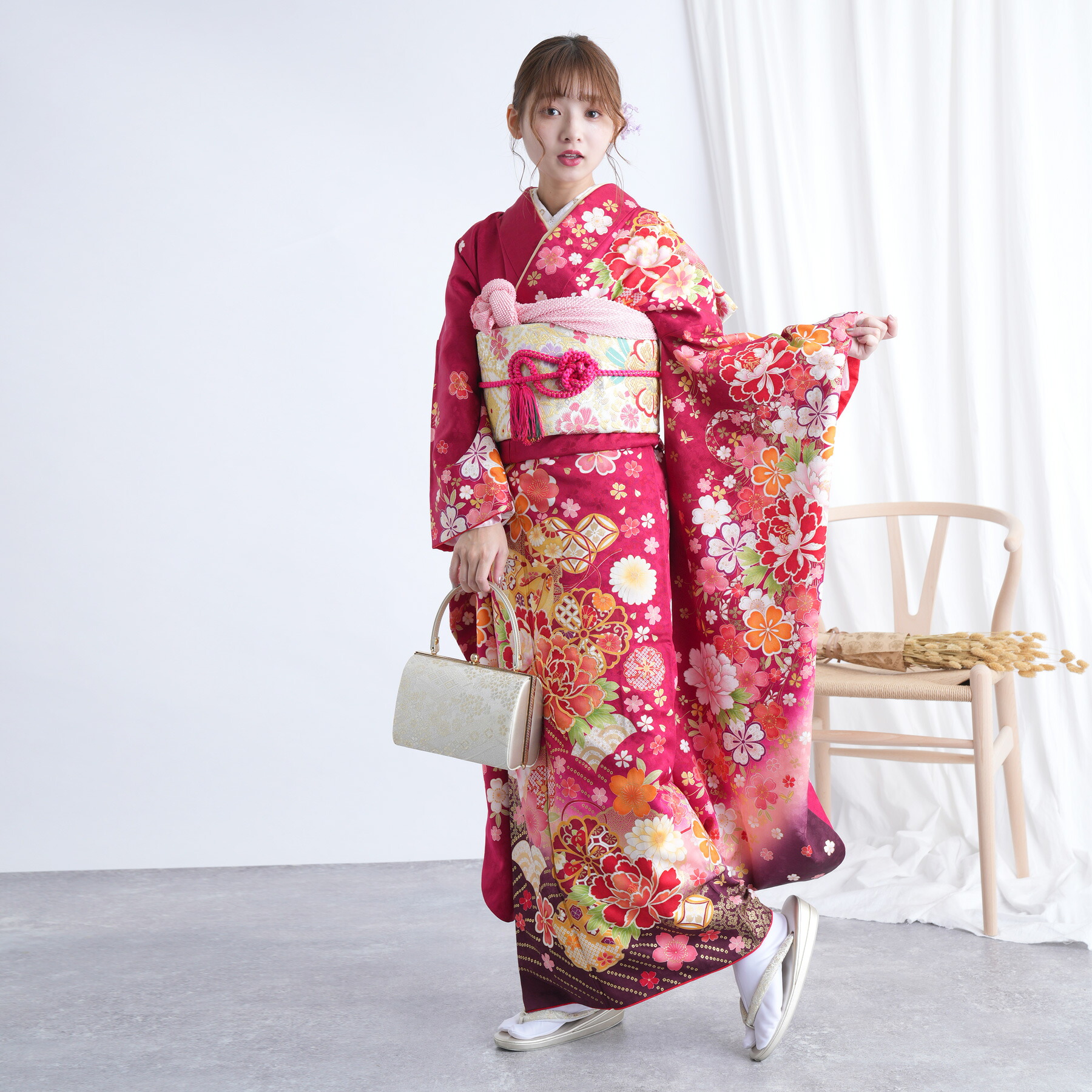 【レンタル】【2027年成人式予約不可】 振袖 成人式 女性 振袖セット 着物 結婚式 振袖＆袋帯 フルセット レトロ 大正浪漫 【振袖20点セット 正絹 アンティーク 絵羽 赤】｜ひよこ商店