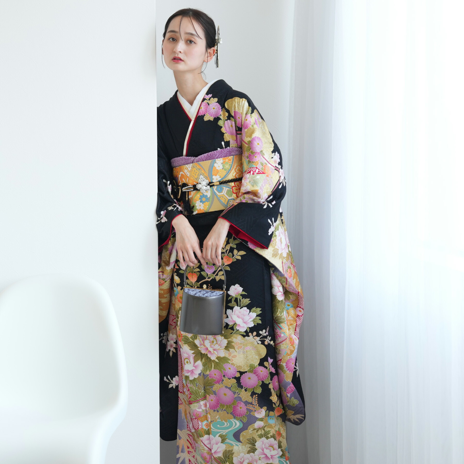 【レンタル】振袖 成人式 女性 振袖セット 着物 結婚式 振袖＆袋帯 フルセット レトロ 大正浪漫 【 振袖20点セット 正絹 アンティーク 絵羽 黒 】