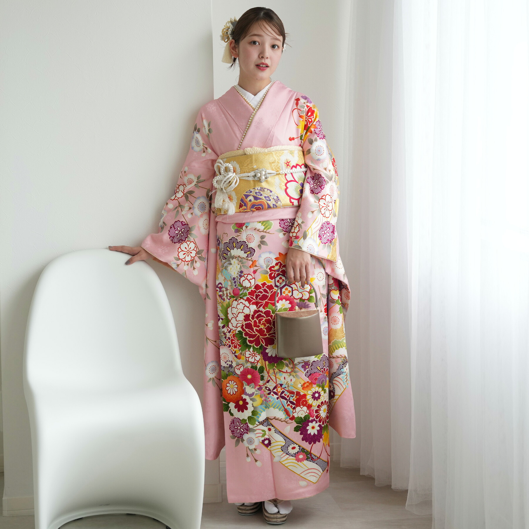 【レンタル】振袖 成人式 女性 振袖セット 着物 結婚式 振袖＆袋帯 フルセット レトロ 大正浪漫 【 振袖20点セット 正絹 アンティーク 絵羽 ピンク 】