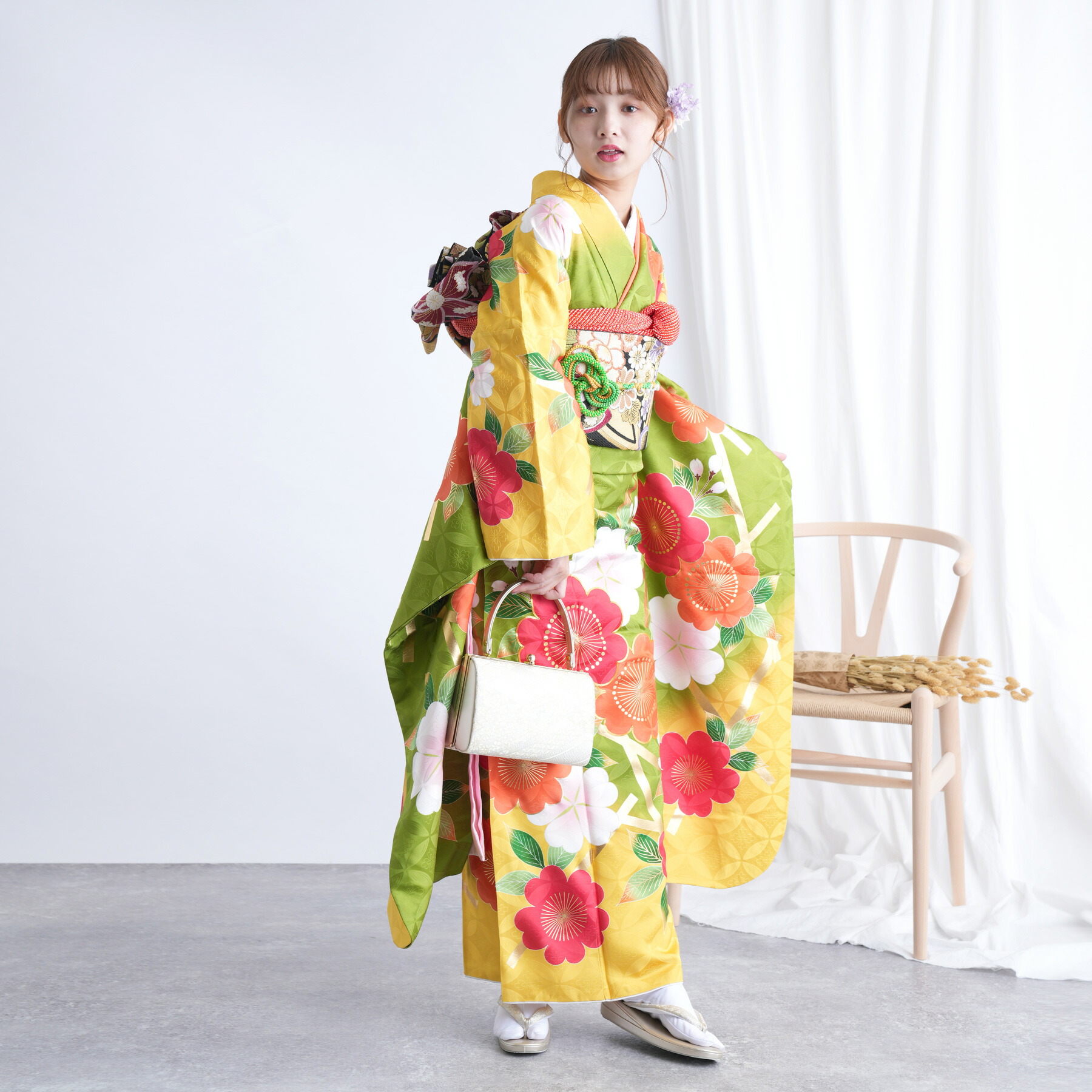 【レンタル】 振袖 成人式 女性 振袖セット 着物 結婚式 振袖＆袋帯 フルセット 安い 【 振袖20点セット 正絹 アンティーク 絵羽 黄緑 グリーン 】｜ひよこ商店