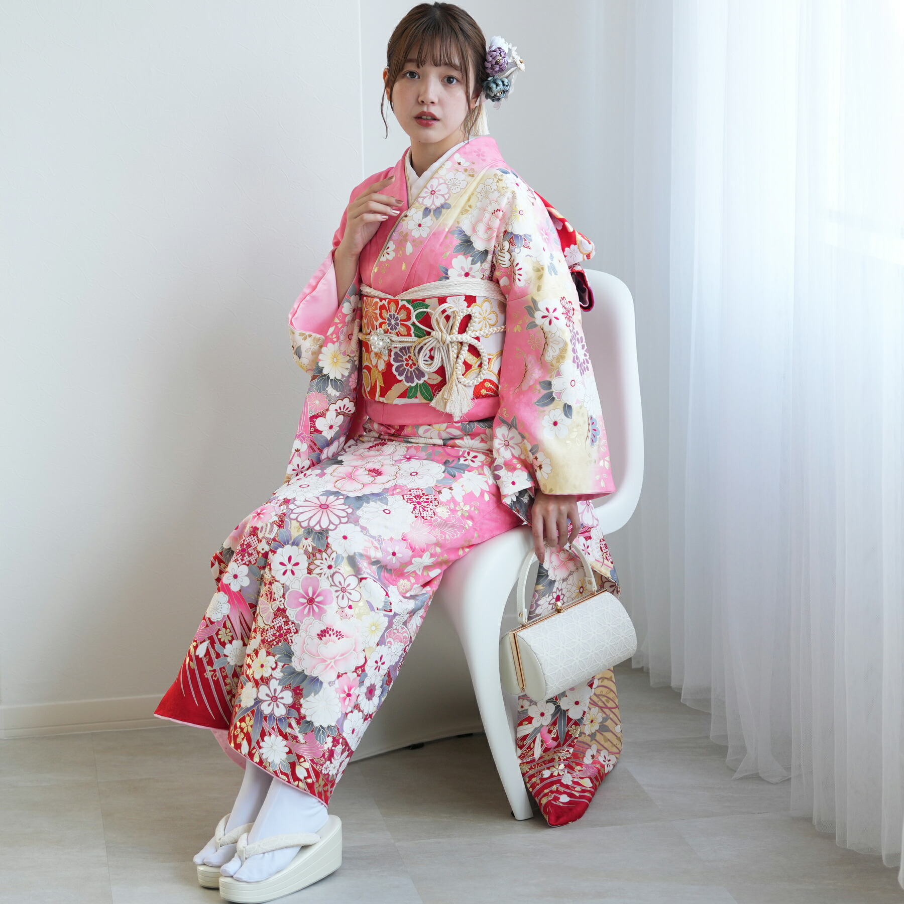 【レンタル】振袖 成人式 女性 振袖セット 着物 女 成人式振袖セット 結婚式 振袖＆袋帯 フルセットレンタル 安い レトロ 大正浪漫 【振袖20点セット 正絹 アンティーク 絵羽 ピンク】新品足袋プレゼント