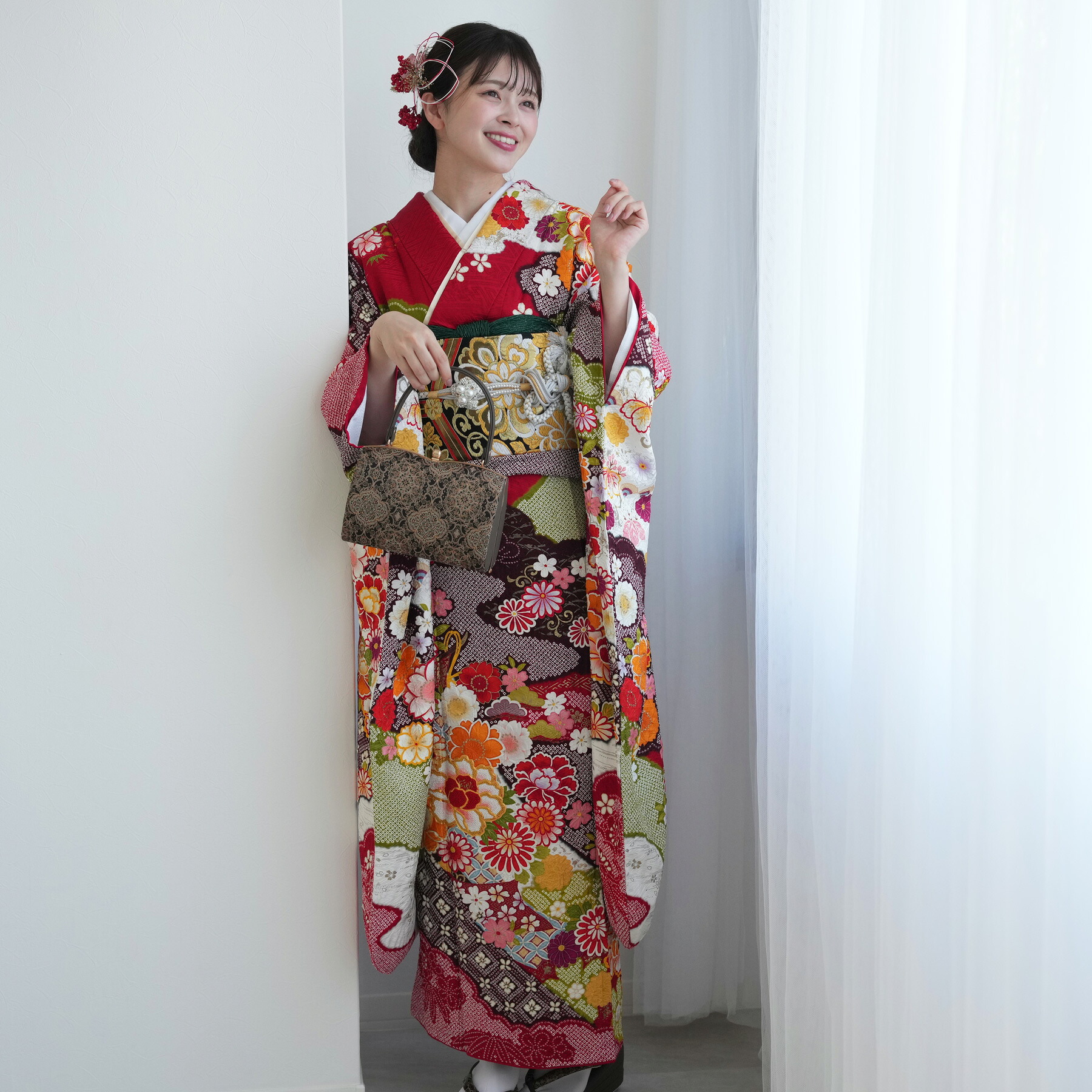 【レンタル】振袖 成人式 女性 振袖セット 着物 女 成人式振袖セット 結婚式 振袖＆袋帯 フルセットレンタル 安い レトロ 大正浪漫 【振袖20点セット 正絹 アンティーク 絵羽 赤】