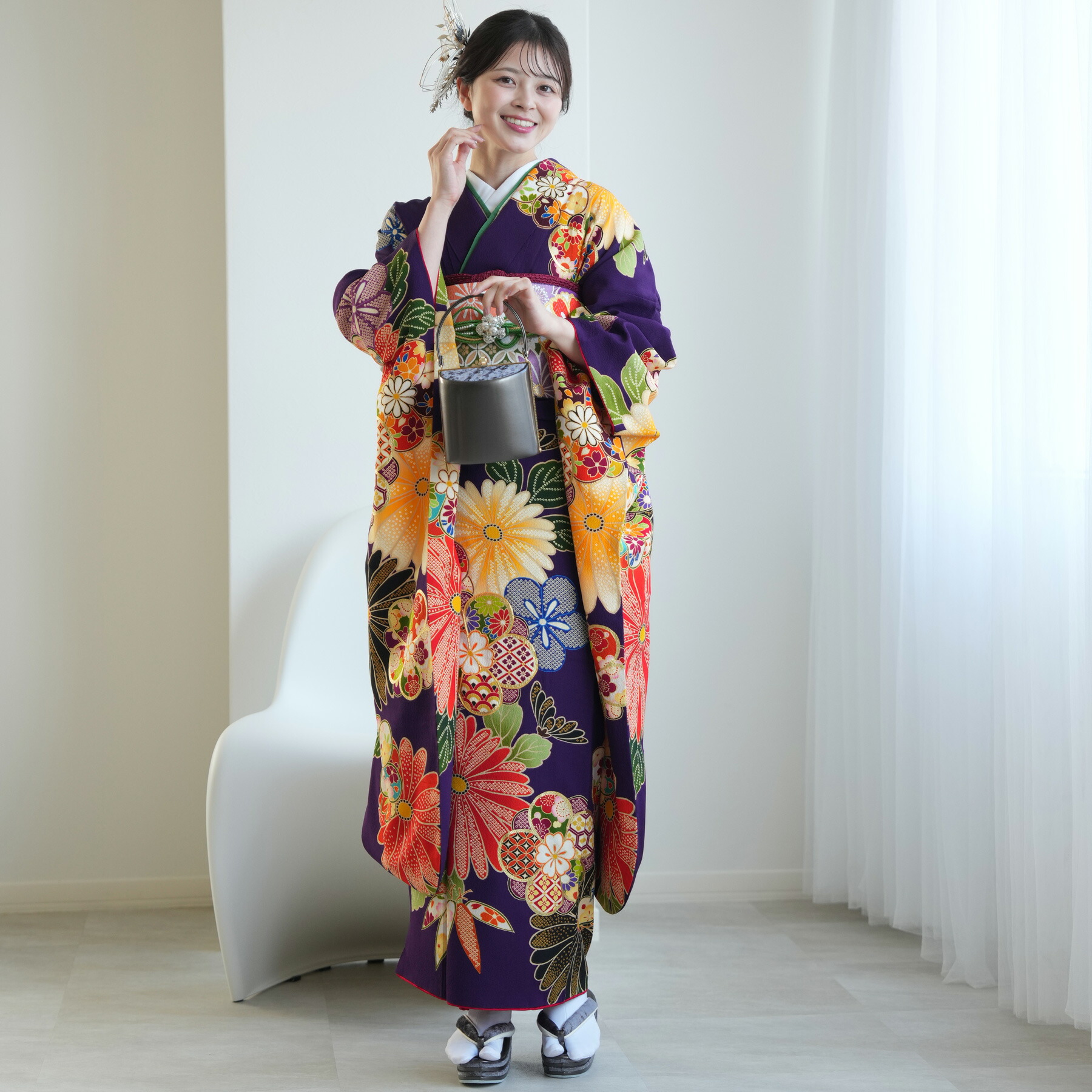 【レンタル】振袖 成人式 女性 振袖セット 着物 女 成人式振袖セット 結婚式 振袖＆袋帯 フルセットレンタル 安い レトロ 大正浪漫 【振袖20点セット 正絹 アンティーク 絵羽 紫】新品足袋プレゼント｜ひよこ商店