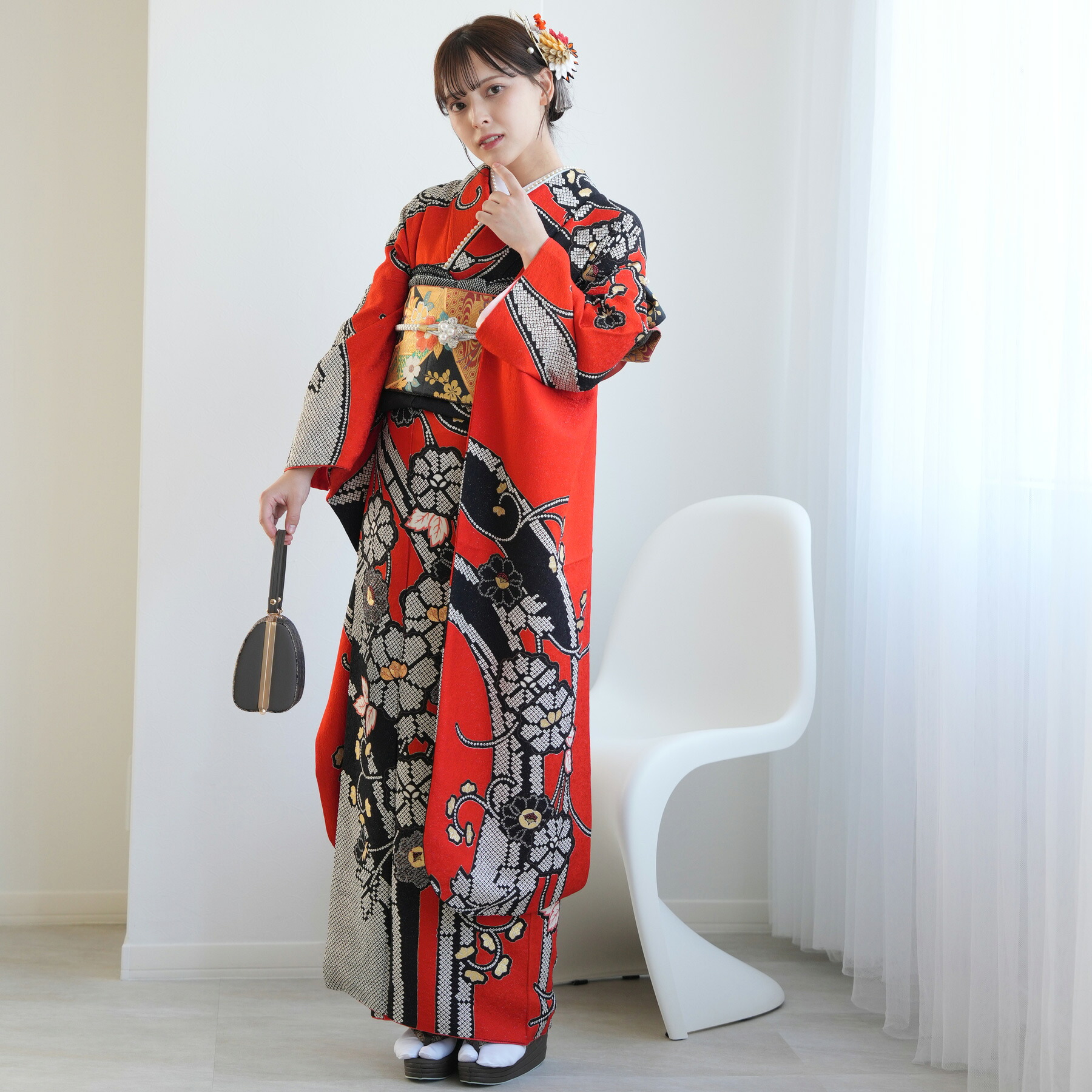【レンタル】振袖 成人式 女性 振袖セット 着物 女 成人式振袖セット 結婚式 振袖＆袋帯 フルセットレンタル 安い【振袖20点セット 正絹 アンティーク朱オレンジとブラックの絞り絵羽】新品足袋プレゼント 17,749円