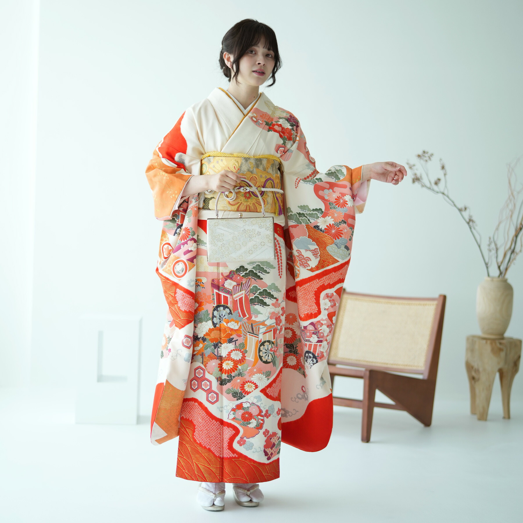 【レンタル】振袖 成人式 女性 振袖セット 着物 結婚式 振袖＆袋帯 フルセット 安い 【 振袖20点セット 正絹 アンティーク サーモンオレンジの花源氏車絵羽 】｜ひよこ商店