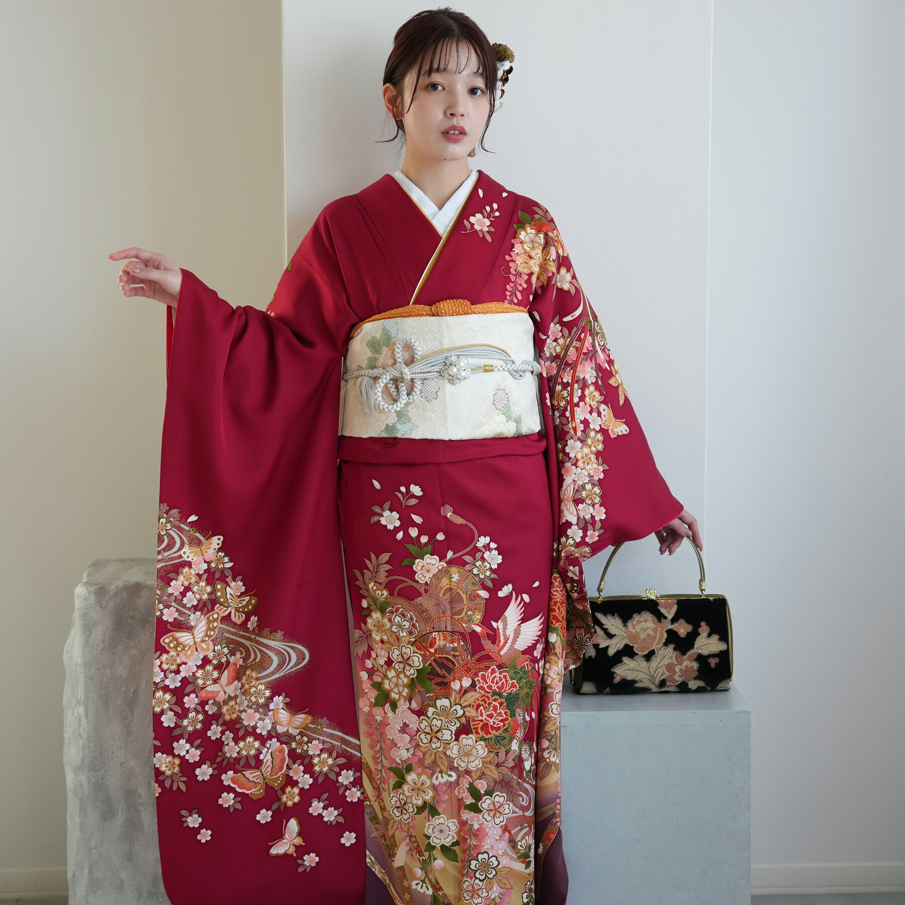 【レンタル】 【2027年成人式予約不可】 振袖 成人式 女性 振袖セット 着物 結婚式 振袖＆袋帯 フルセットレンタル 安い レトロ 大正浪漫 【振袖20点セット 正絹 アンティーク 絵羽 赤 紫】 6,999円