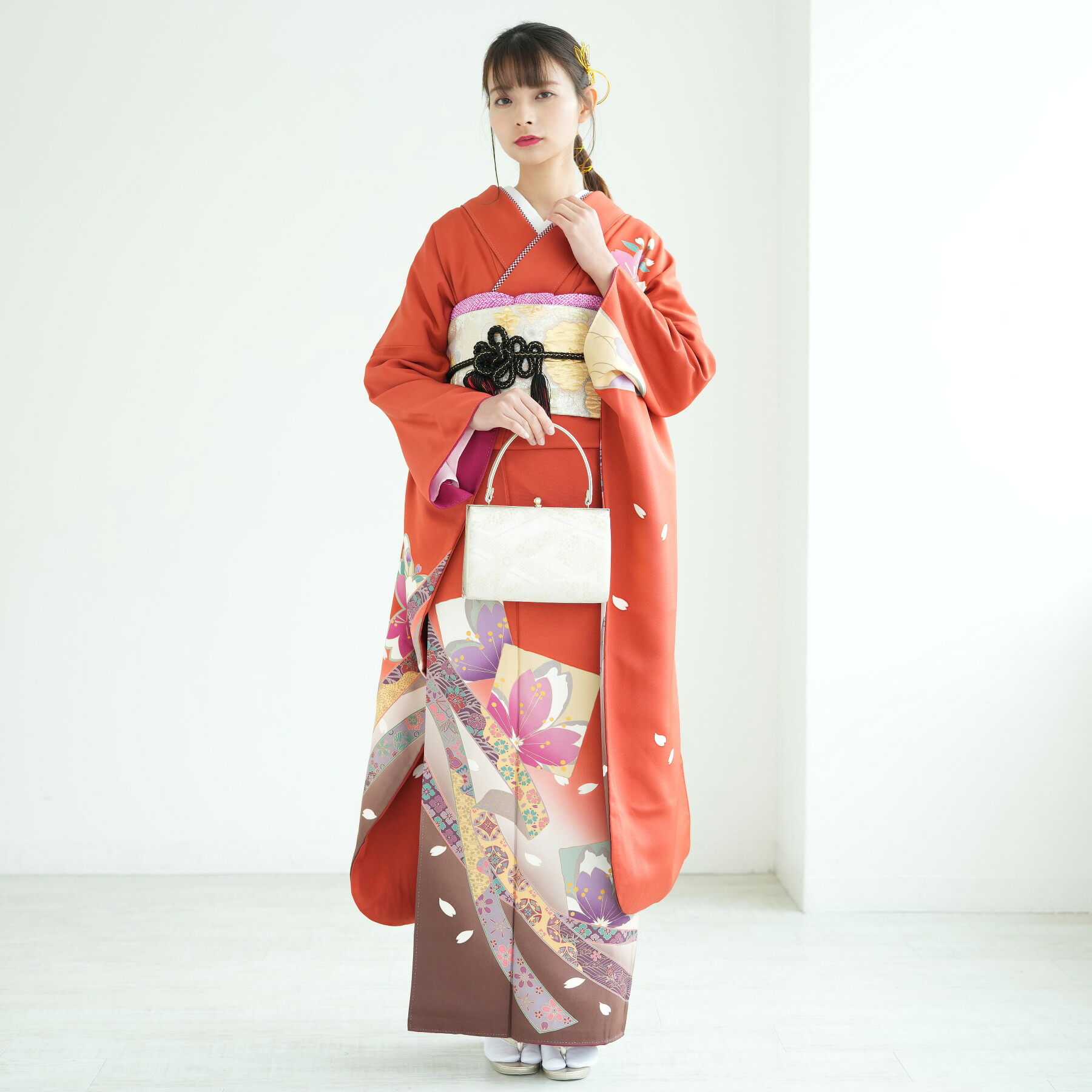 【レンタル】 振袖 レンタル 成人式 結婚式 正絹 女性 振袖 21点セット フリーサイズ（身長157-172cm） 花 赤 くすみオレンジ 朱 紫 梅 桜 フォーマル 披露宴 初詣 晴れ着 結納 食事会 前撮り