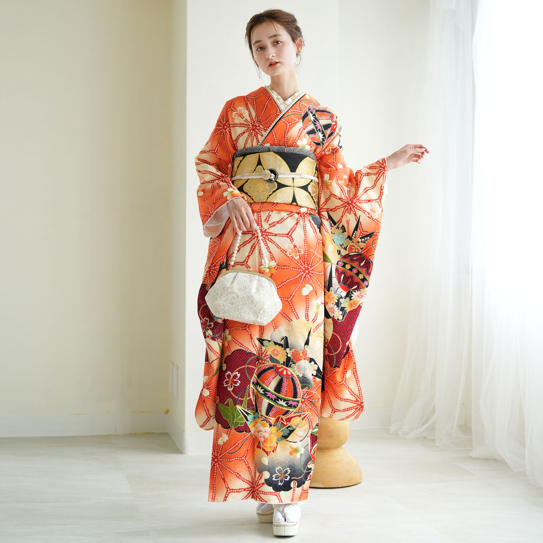 【レンタル】 成人式 振袖 レンタル 女性 振袖セット 21点セット フリーサイズ（身長155-170cm） 結婚式 フルセット オレンジ 麻の葉 鞠 雪輪 桜 正絹 正装 和装 フォーマル 披露宴 晴れ着