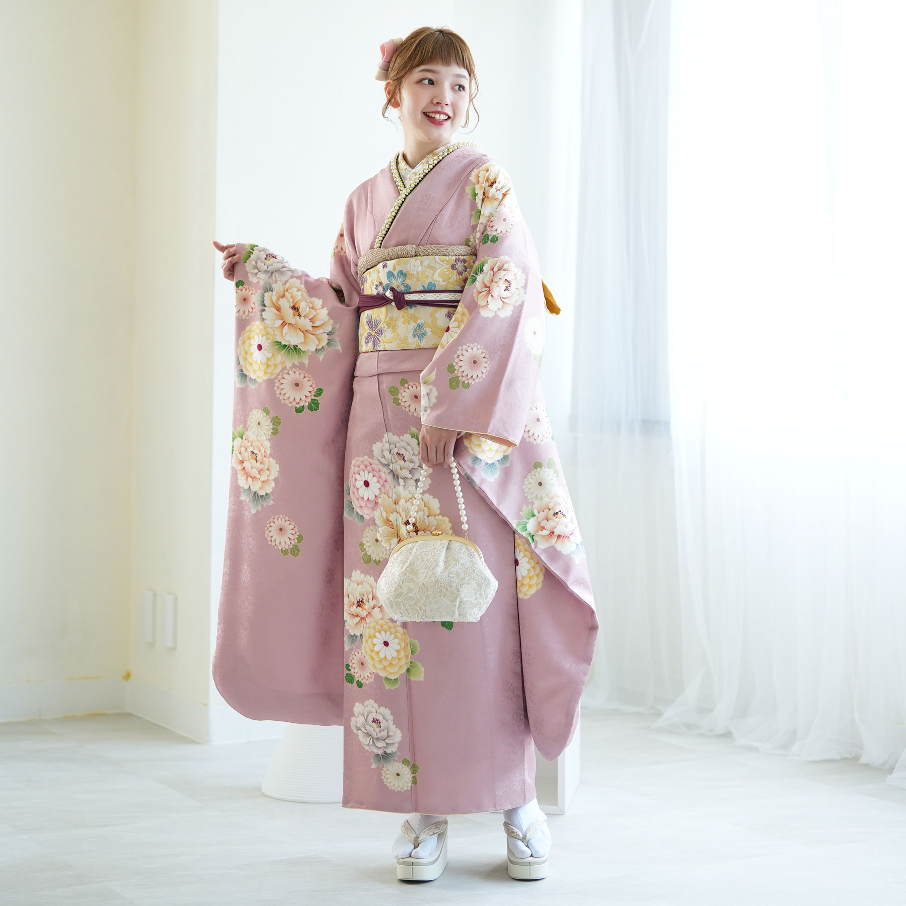 【レンタル】 成人式 振袖 レンタル 女性 振袖セット 着物 21点セット フリーサイズ（身長155-170cm） 結婚式 花 フルセット ピンク レトロ 菊 牡丹 正絹 正装 和装 フォーマル