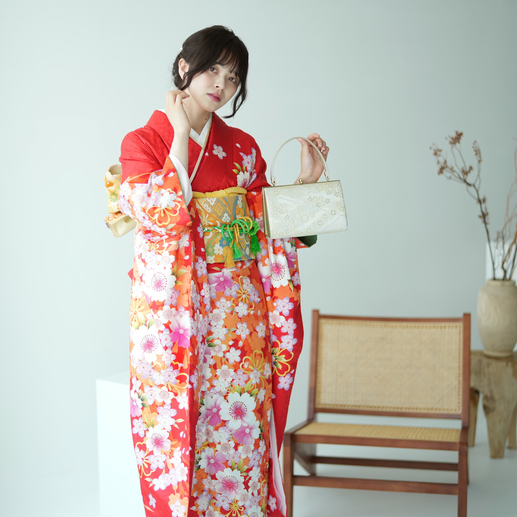 【レンタル】振袖 成人式 女性 振袖セット 着物 女 成人式振袖セット 結婚式 振袖&袋帯 フルセットレンタル 安い レトロ 大正浪漫 モダン【utatane 振袖20点セット パパラチヤオレンジ絵羽】新品足袋プレゼント