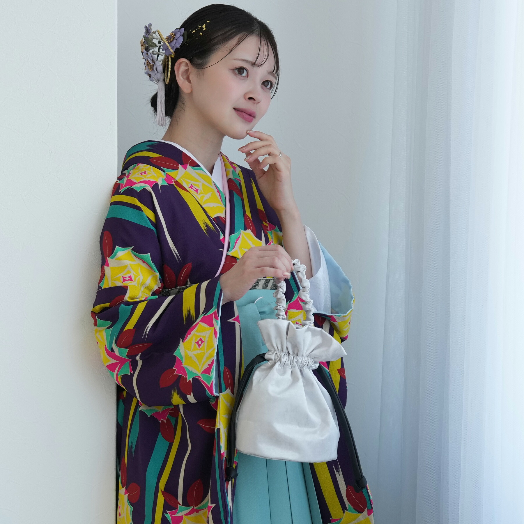 【レンタル】 袴 セット 卒業式 レトロ 袴セット 卒業式袴セット 二尺袖 着物 袴 フルセット レトロ モダン 【ひよこ商店 袴17点セット 紫と黄色の矢絣とばら】新品足袋プレゼント【個性色袴】 往復送料無料