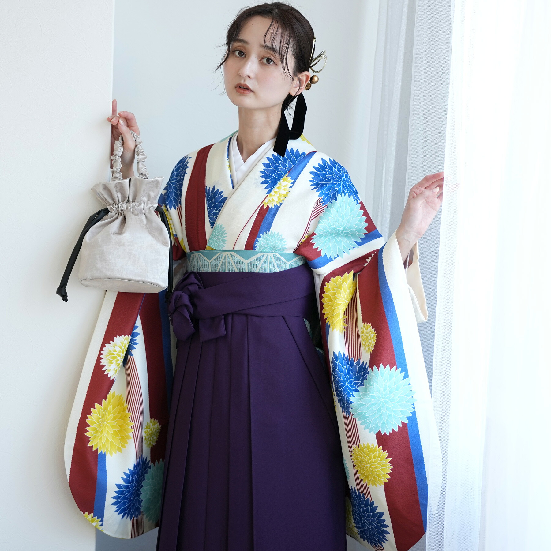 【レンタル】 卒業式 袴 レンタル セット 着物 袴セット レトロ 二尺袖 着物 袴 レトロ 大正浪漫 モダン 国内染色 日本製生地【袴17点セット ニコアンティーク 赤ミッドセンチュリーストライプ】往復送料無料