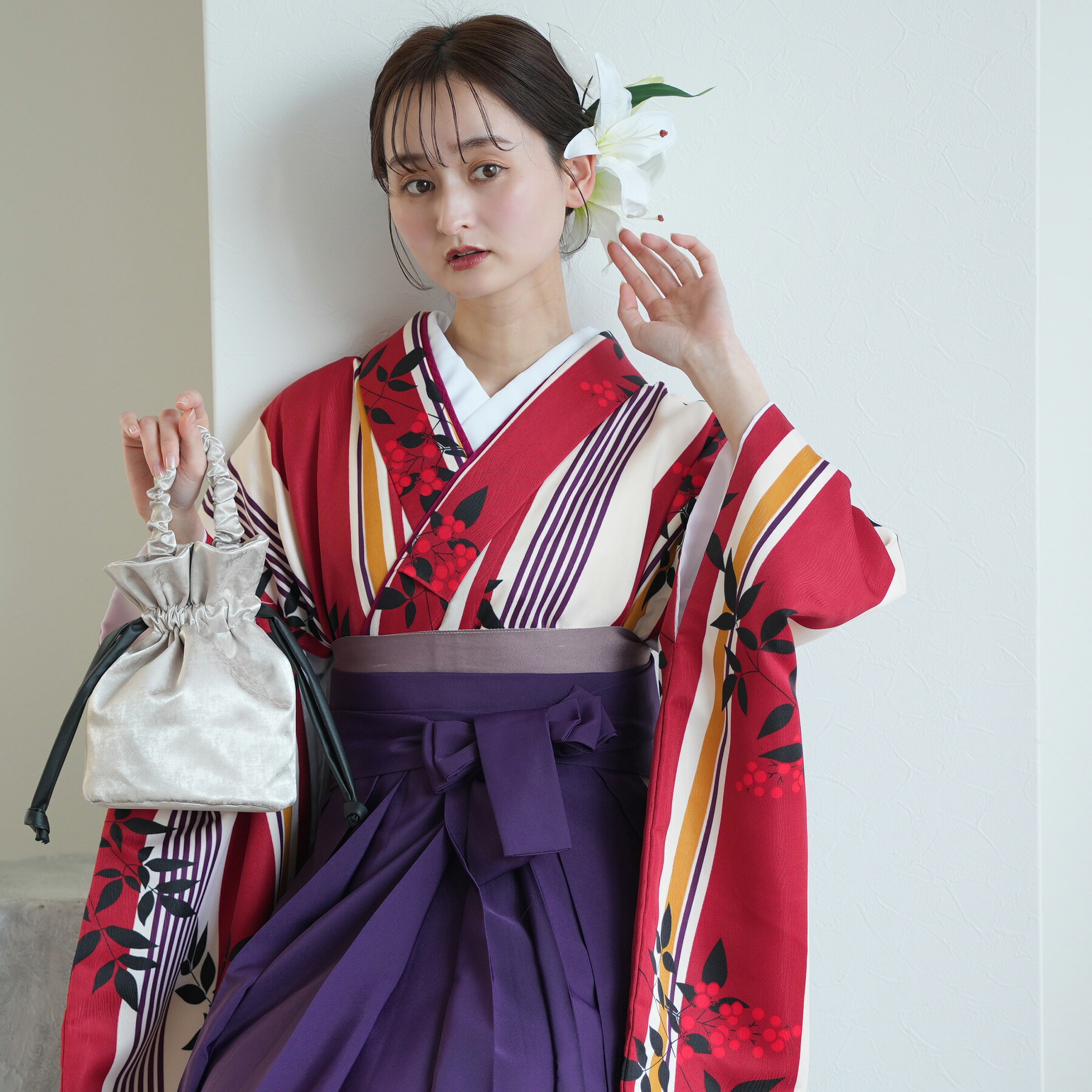 【レンタル】卒業式 袴 女性 袴セット 女 卒業式袴セット 二尺袖 着物 袴 レトロ 大正浪漫 モダン【袴17点セット 赤と紫の縞々レトロ南天】utatane うたたね 往復送料無料