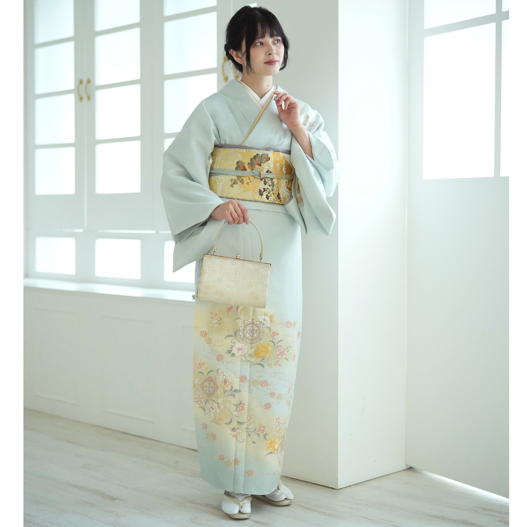 【レンタル】 訪問着 レンタル 結婚式 着物レンタル 20点セット 古典柄 レトロ アンティーク フリーサイズ（身長153-168cm） フルセット 女性 水色系 花 女性 紫 白 緑 フォーマル 花 唐花 桜 流水 お宮参り 食事会 七五三 パーティー 結婚式 二次会 入学式 卒業
