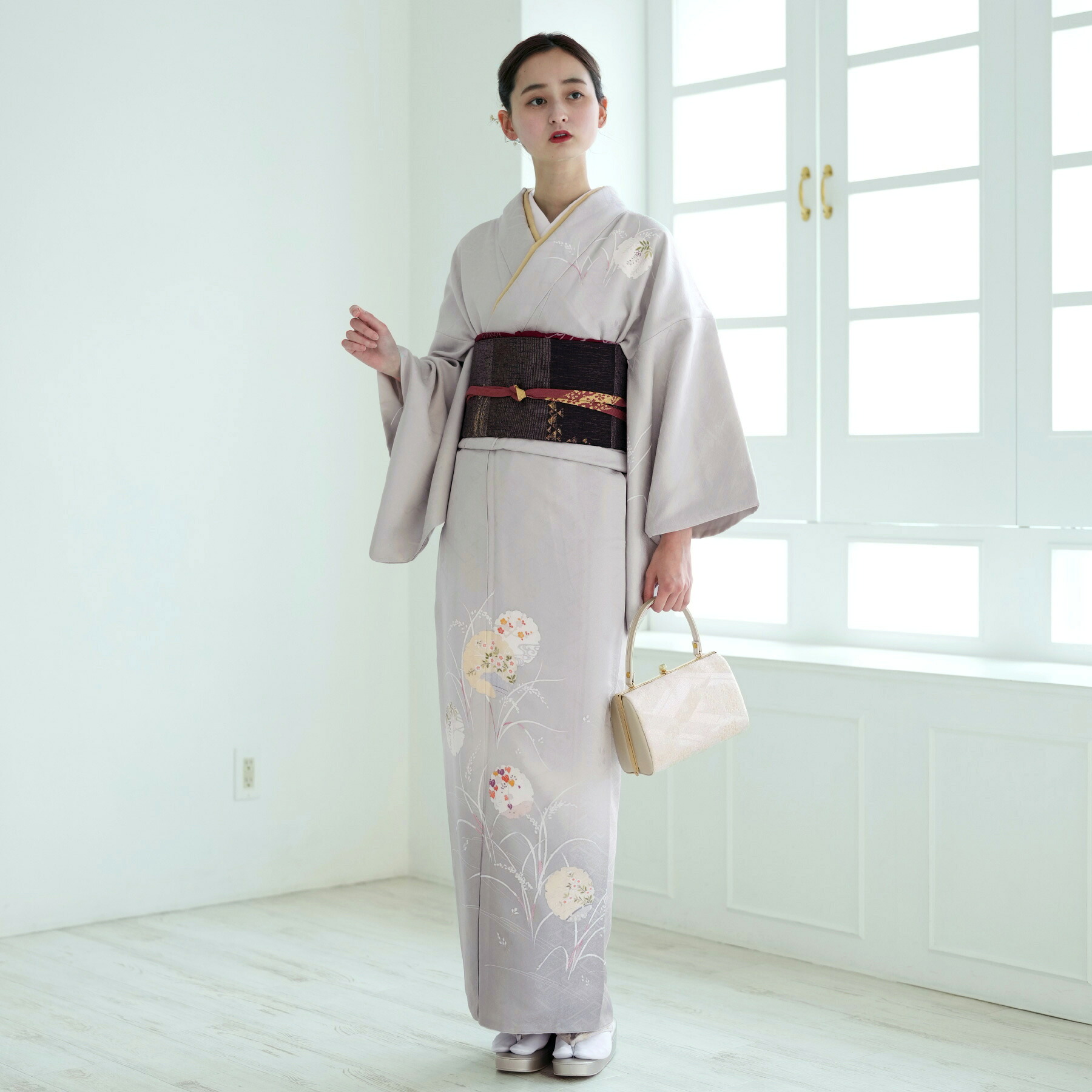 【レンタル】 訪問着 着物レンタル 20点セット 入学式 卒業式 結婚式 古典柄 訪問着 フリーサイズ グレー 女性 レディース フォーマル 花 雪輪 桜 お宮参り 七五三 パーティー