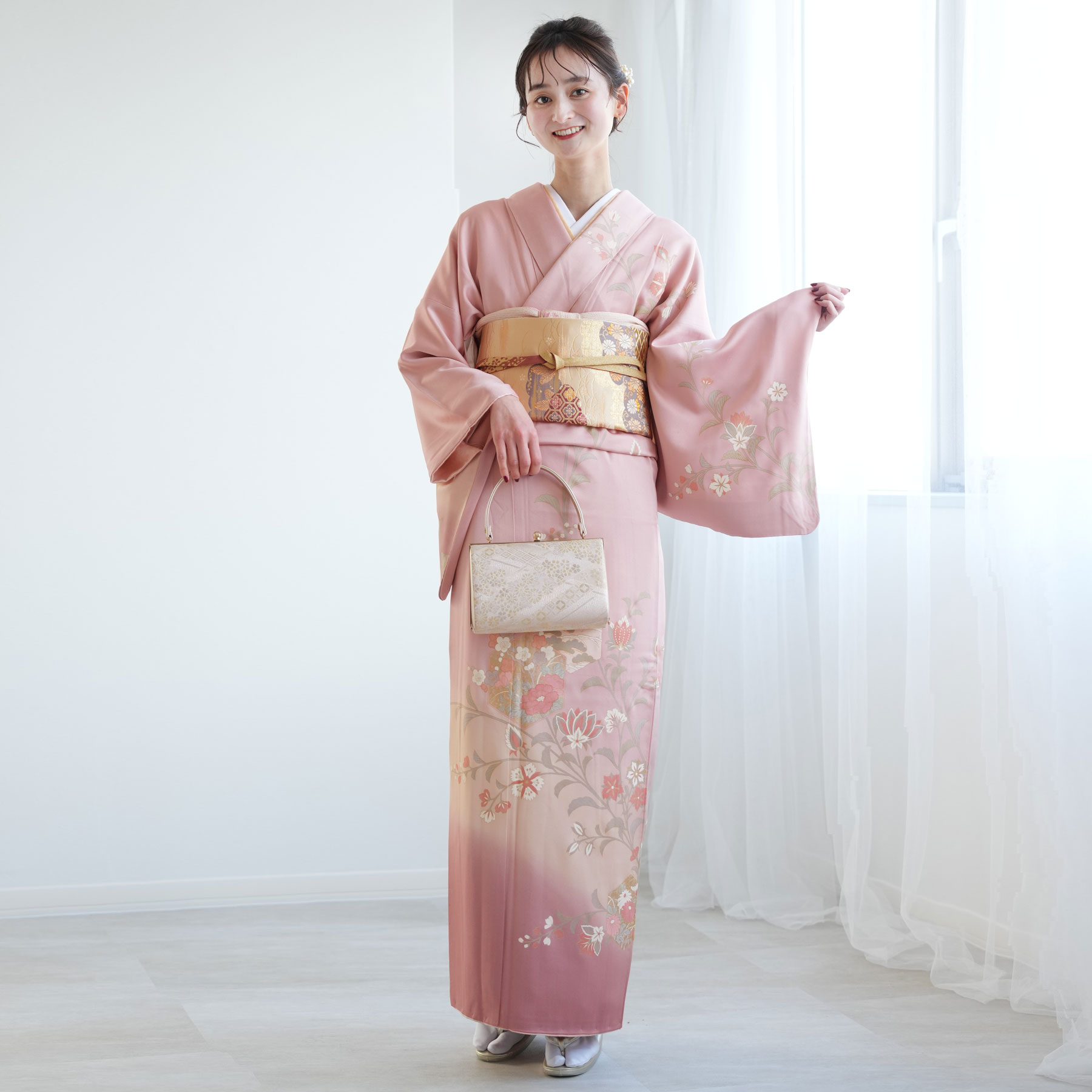 【レンタル】訪問着 レンタル 着物レンタル 20点セット ピンク グラデーション 梅 牡丹 花 結婚式 卒業式 お茶会 食事会 入学式 フォーマル お宮参り 七五三 観劇 園遊会 祝賀会 女性 着物 ママ
