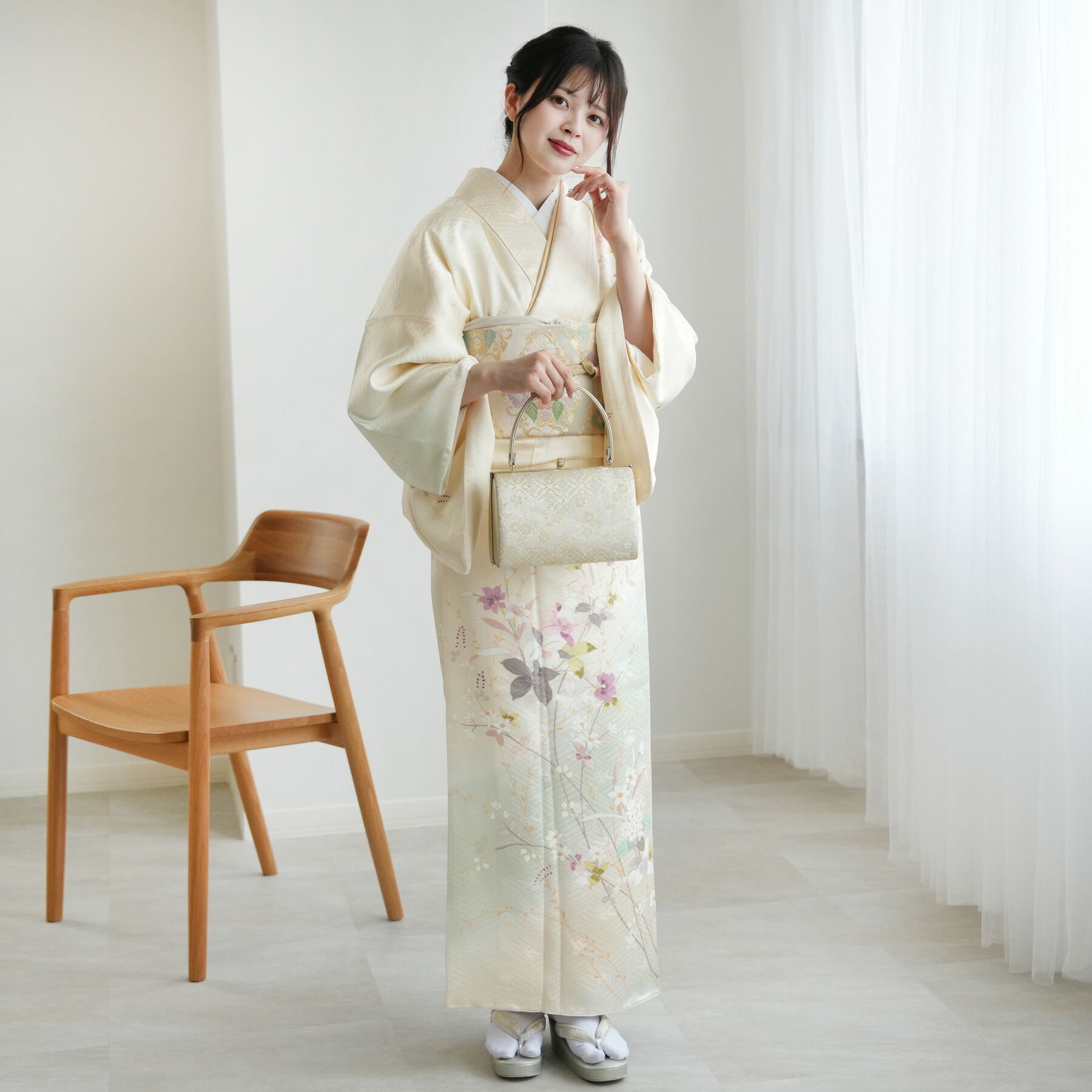 【レンタル】訪問着20点フルセット 訪問着 結婚式 参列 ゲスト 卒業式 お茶会 食事会 入学式 フォーマル お宮参り 七五三 観劇 祝賀会 女性 着物 母親 着物＆袋帯 クリーム系 西陣織帯 百合 ハナミズキ 蘭 グラデーション フルセット 安い