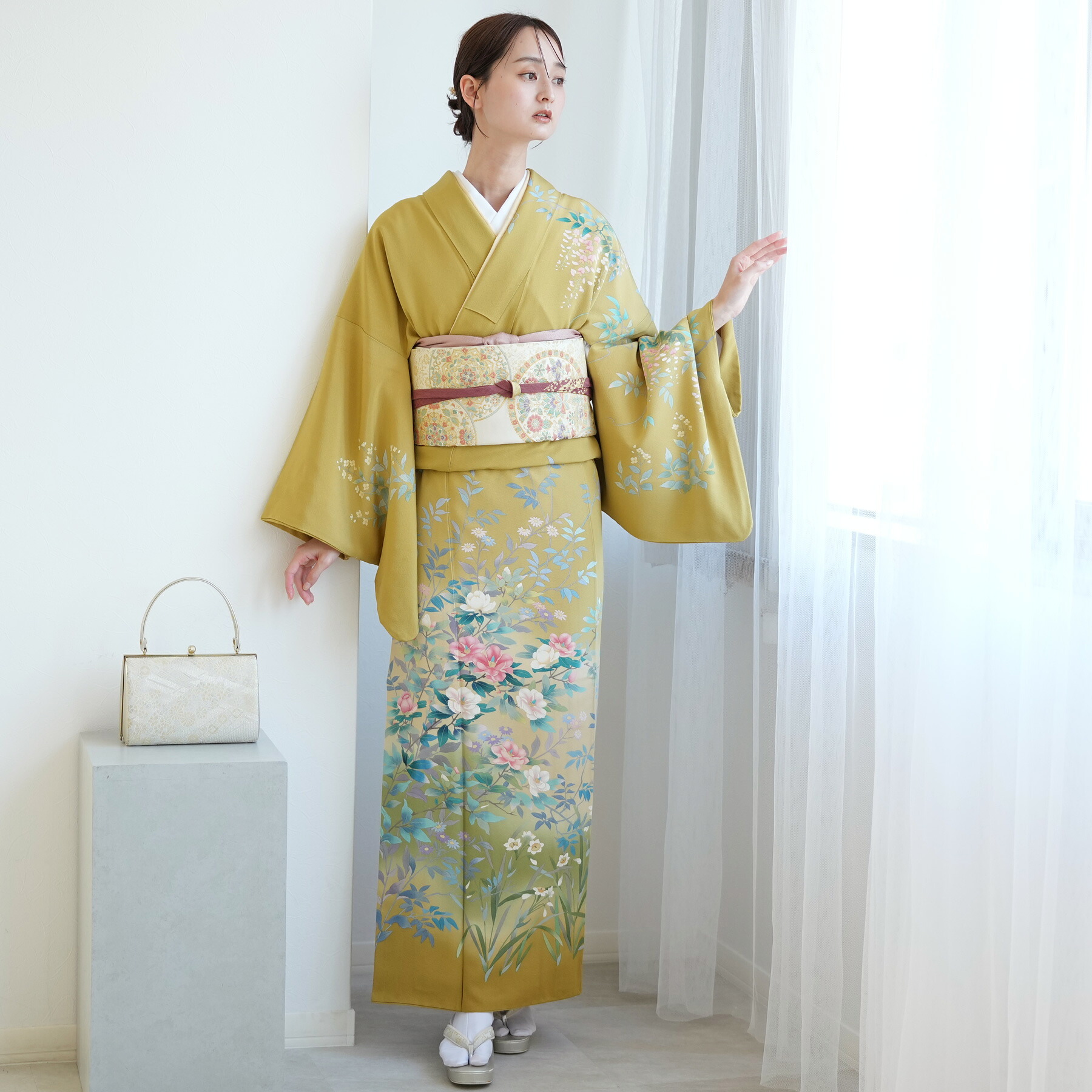 【レンタル】往復送料無料 訪問着20点フルセット 訪問着 結婚式 参列 ゲスト 卒業式 お茶会 食事会 訪問着 入学式 フォーマル お宮参り 七五三 観劇 園遊会 祝賀会 女性 着物 母親 着物＆袋帯 からし系 黄色 緑 花 小花 グラデーション フルセット｜ひよこ商店
