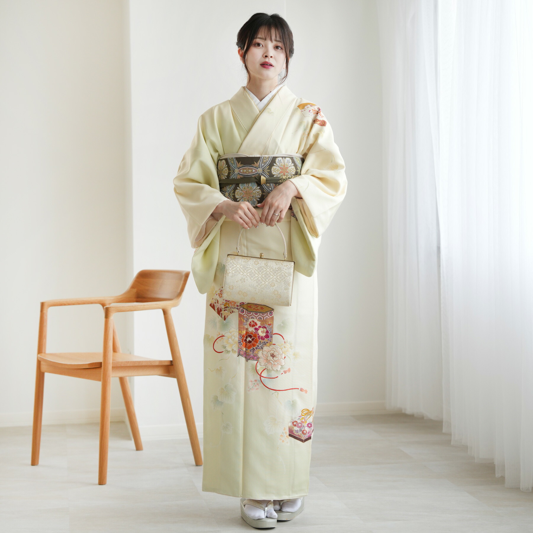 【レンタル】訪問着20点フルセット 訪問着 結婚式 参列 卒業式 お茶会 食事会 入学式 フォーマル お宮参り 七五三 観劇 祝賀会 女性 着物 母親 着物＆袋帯 黄緑系 西陣織帯 丹後ちりめん 刺繍 牡丹 梅 笹 菊 扇 組紐 貝桶 フルセット