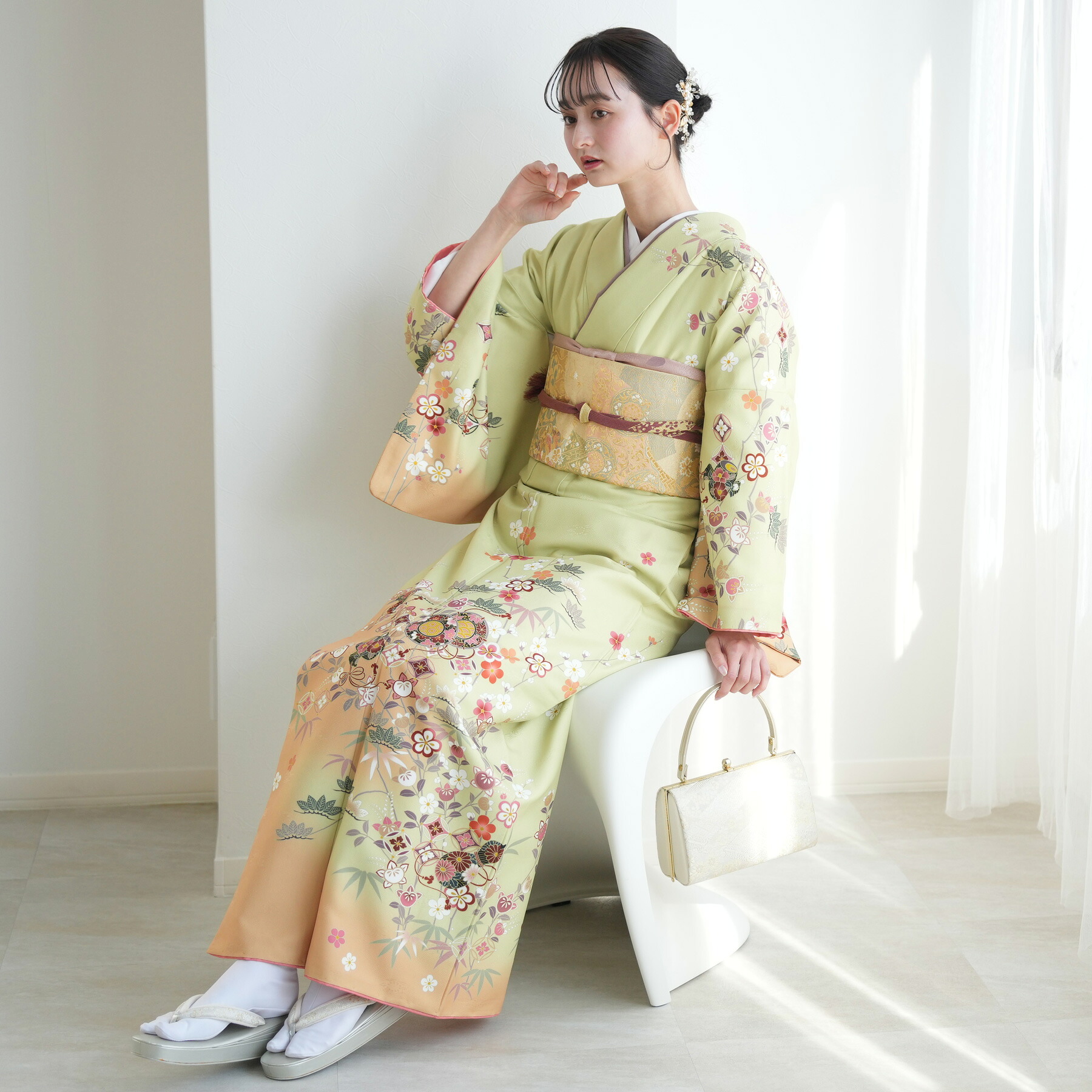 【レンタル】訪問着 レンタル 結婚式 着物レンタル 20点セット 卒業式 お茶会 食事会 訪問着 入学式 フォーマル お宮参り 七五三 観劇 園遊会 祝賀会 女性 着物 母親 お母さん 袋帯 フルセット 安い レトロ 大正浪漫 古典 桜 緑 グリーン オレンジ