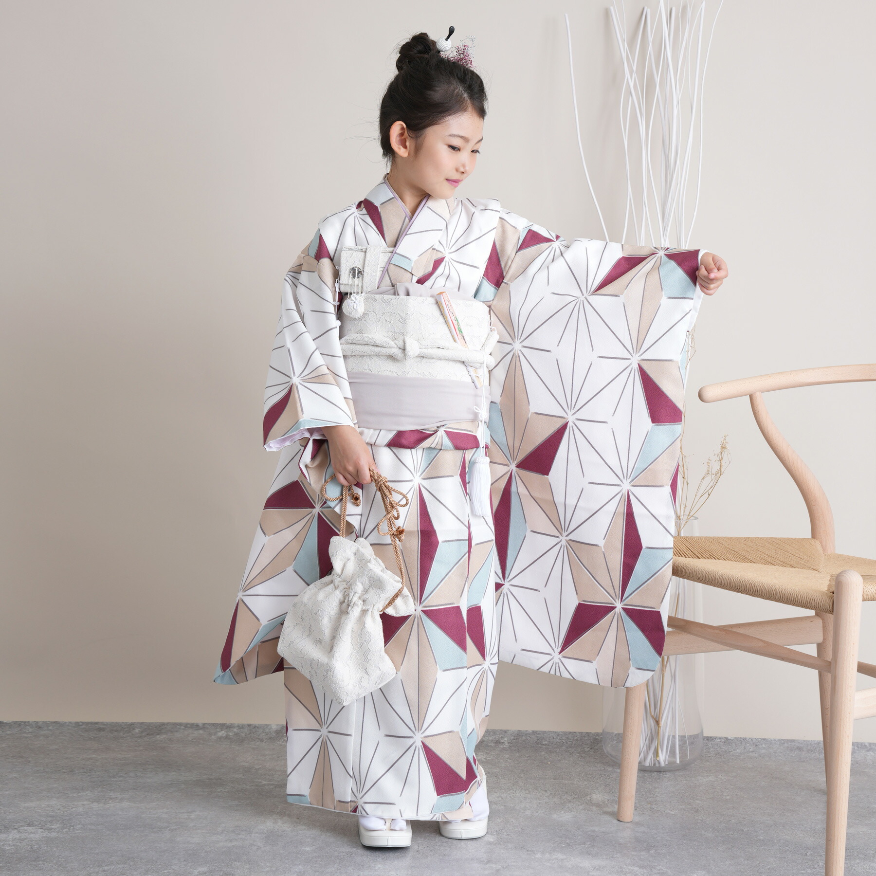 【レンタル】 七五三 7歳 着物 セット ひよこ商店 120cm-135cm前後 七五三 7歳 着物 フルセット 麻の葉 四つ身 アイボリー系 子供 kids 白 えんじ ミント あさのは 着物 作り帯 志古貴 ハコセコ 草履 バッグ 七歳 七才 7歳 おしゃれ 祝着 ブランド着物